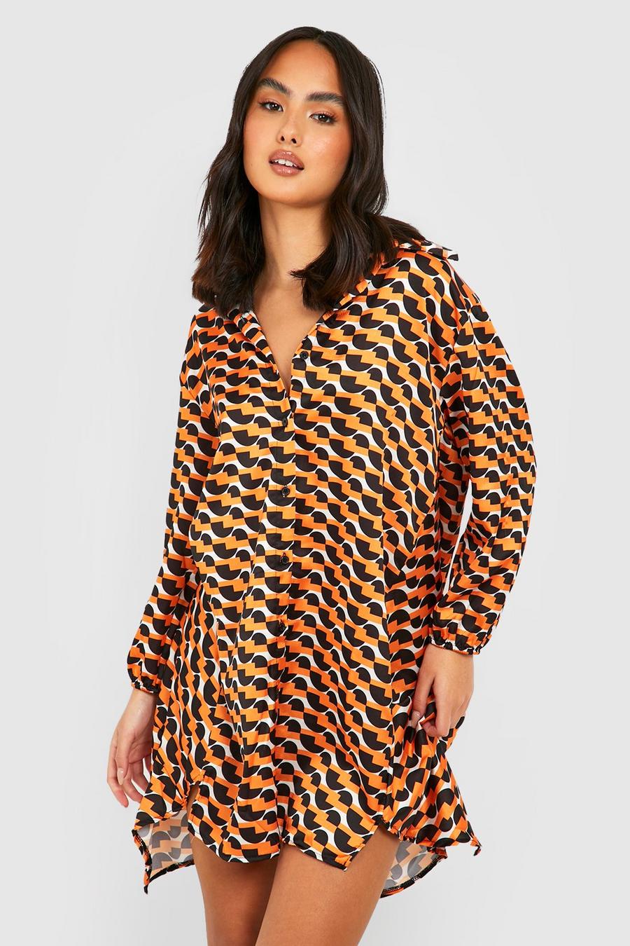 Orange Geo Print Dip Hem Oversized Shirt Dress image number 1