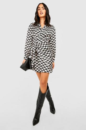 Black Geo Print Tie Waist Shirt Dress