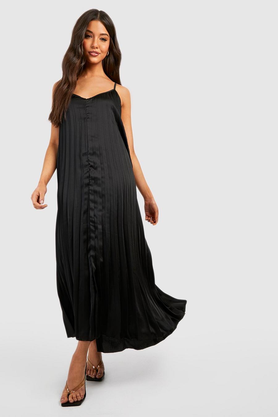 Black Satin Pleated Midaxi Dress image number 1
