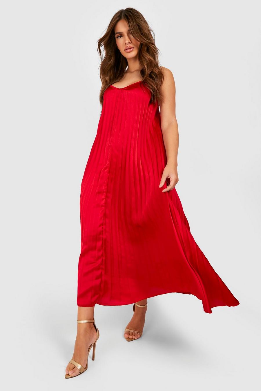 Red Satin Pleated Midaxi Dress