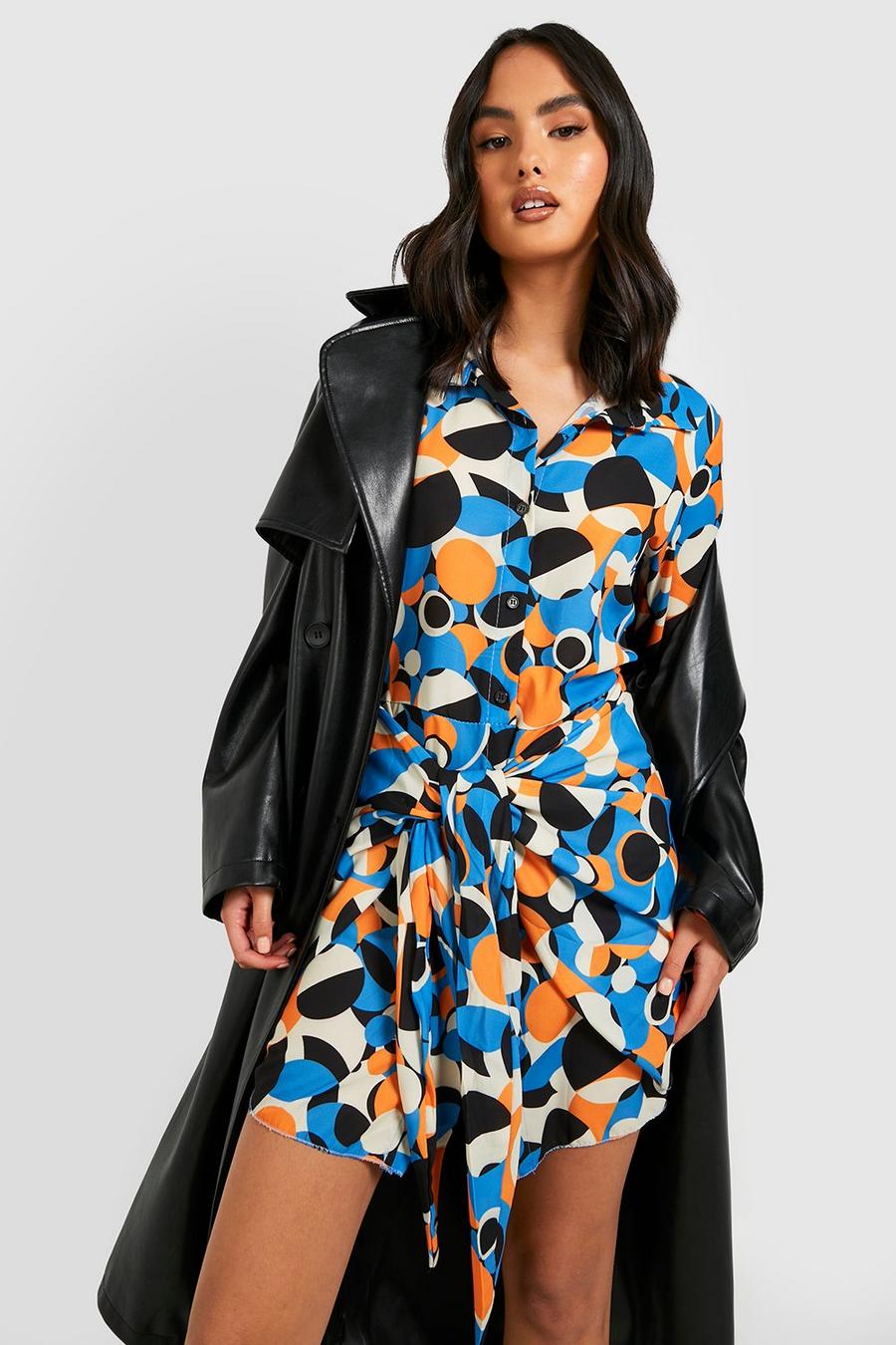 Blue Abstract Print Tie Detail Shirt Dress image number 1