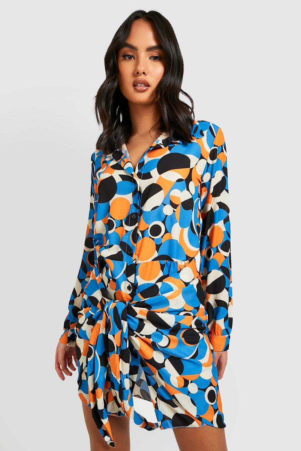 Abstract Print Tie Detail Shirt Dress