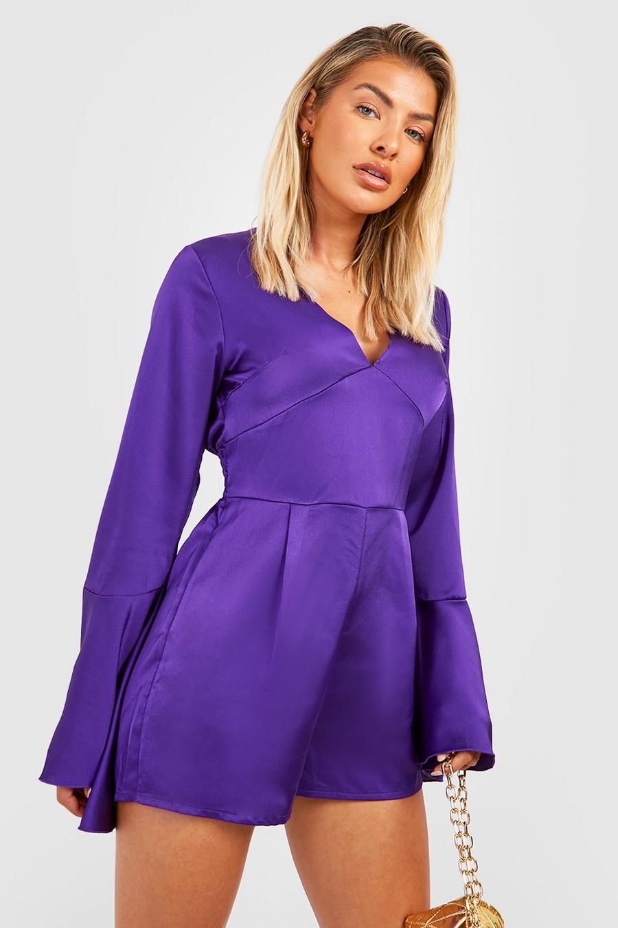 Jewel purple Satin Flare Sleeve Playsuit