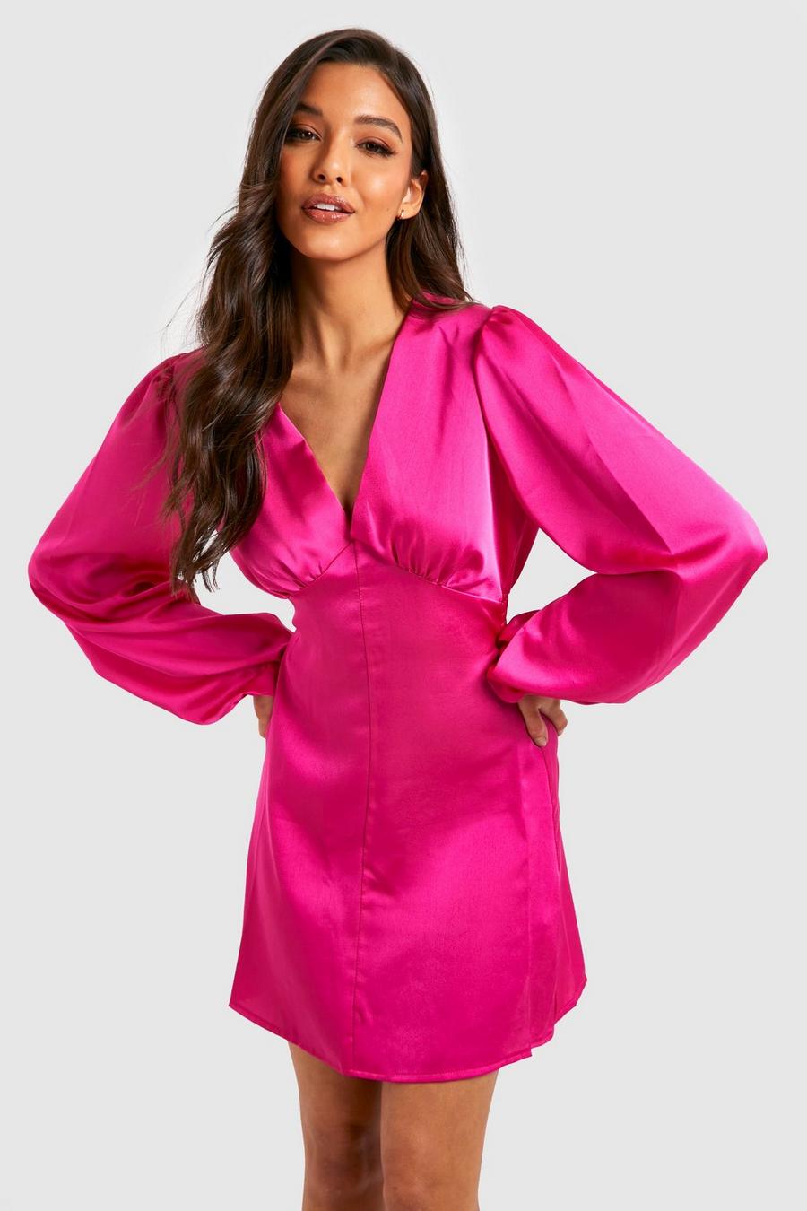 Satin Skater-Kleid mit Blouson-Ärmeln, Hot pink image number 1