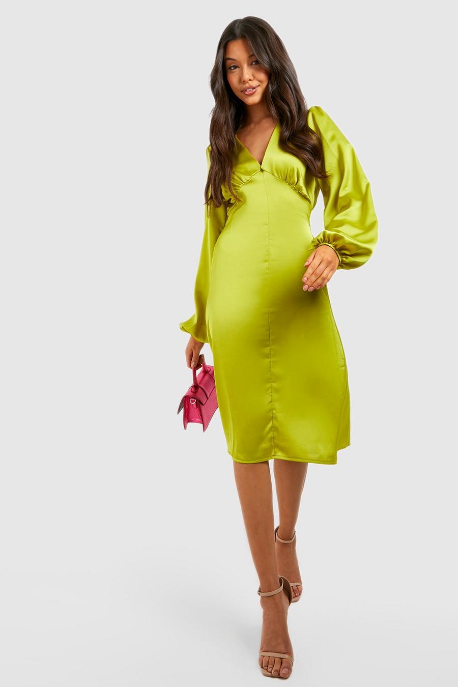Chartreuse Satin Blouson Sleeve Midi Dress image number 1