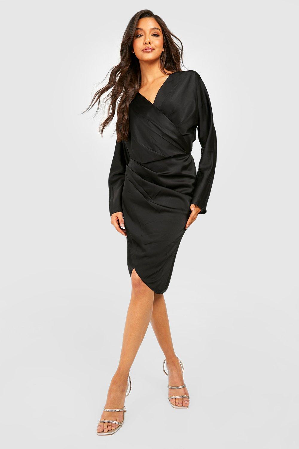 Midi dress with batwing sleeve clearance and wrap waist in satin