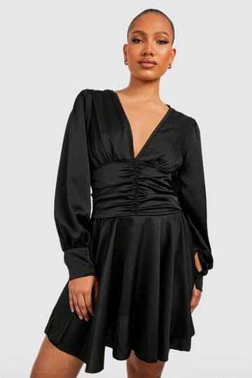 Black Satin Ruched Skater Dress