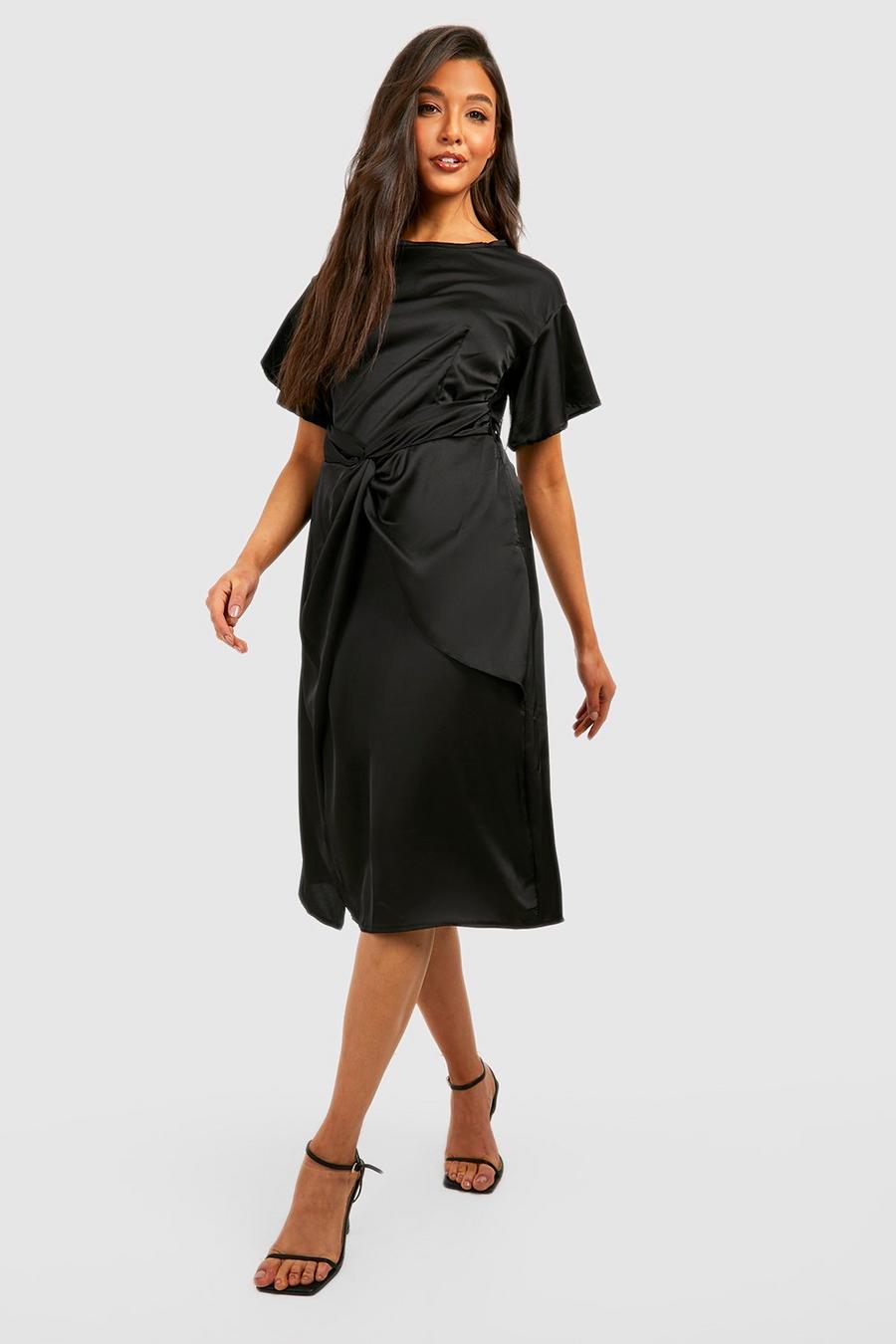 Black Satin Twist Midi Dress