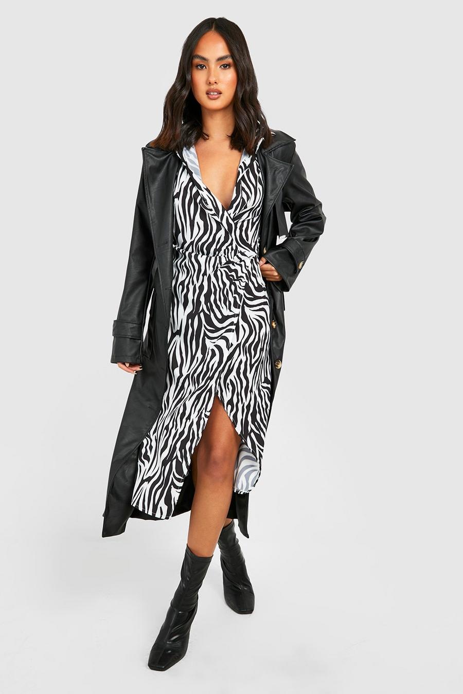 Black Zebra Print Tie Front Midi Shirt Dress image number 1