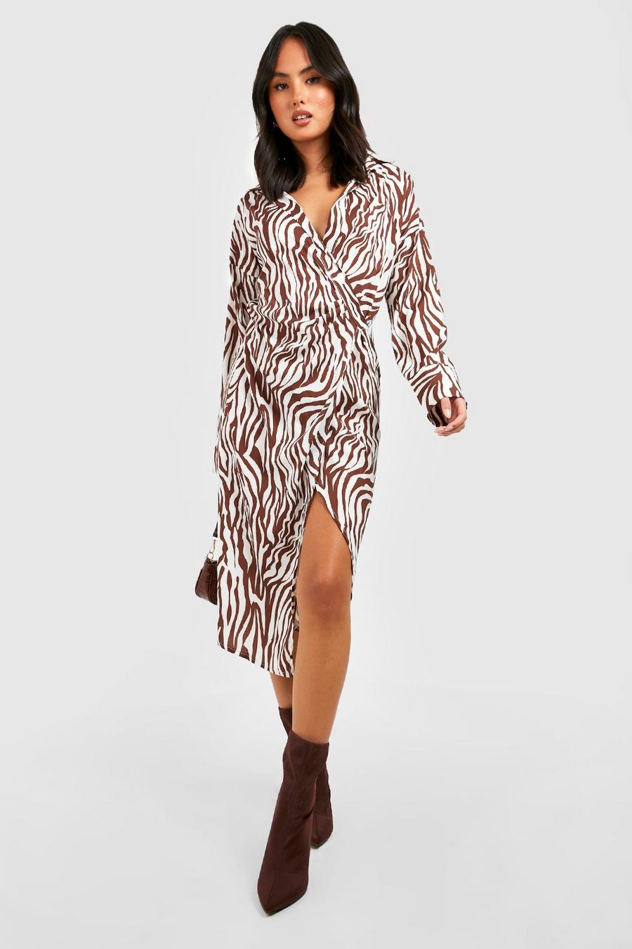 Chocolate Zebra Print Tie Front Midi Shirt Dress image number 1