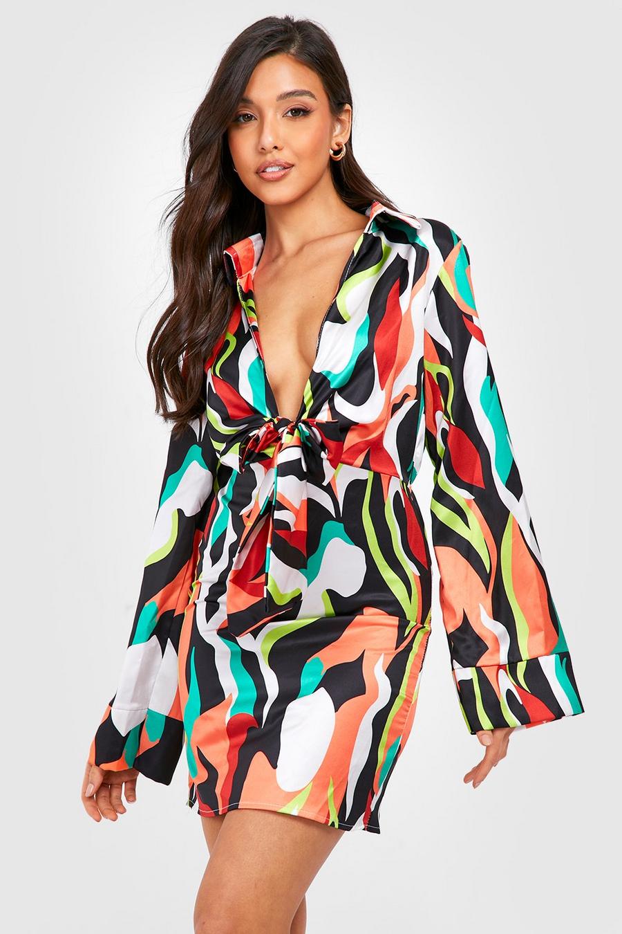 Multi Abstract Print Tie Front Satin Shirt Dress image number 1