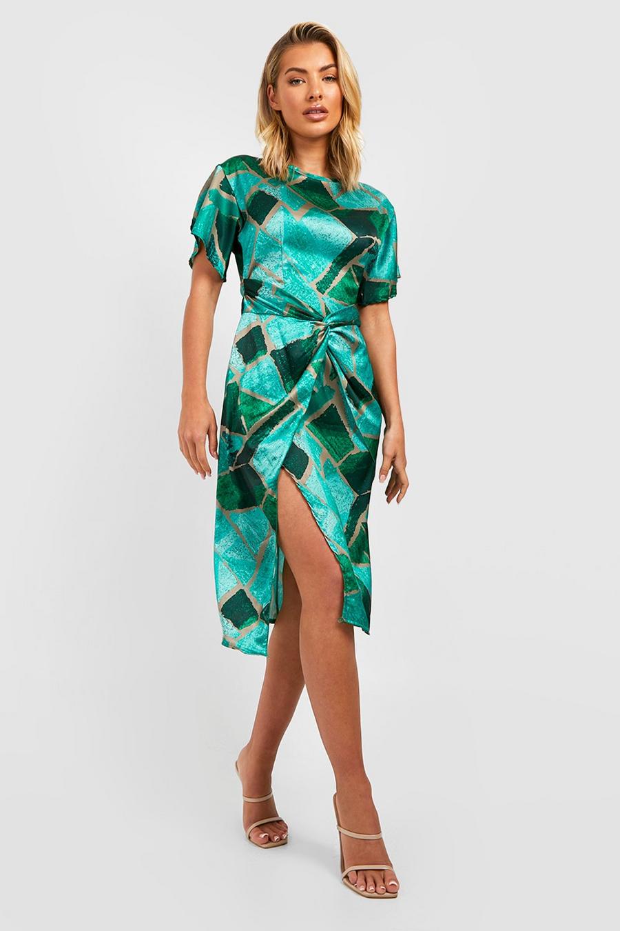 Sage grön Abstract Printed Satin Twist Midi Dress