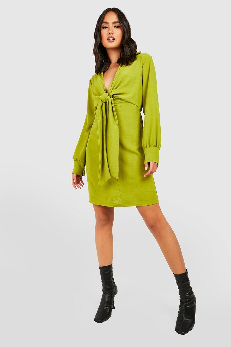 Olive green Woven Drape Front Shirt Dress