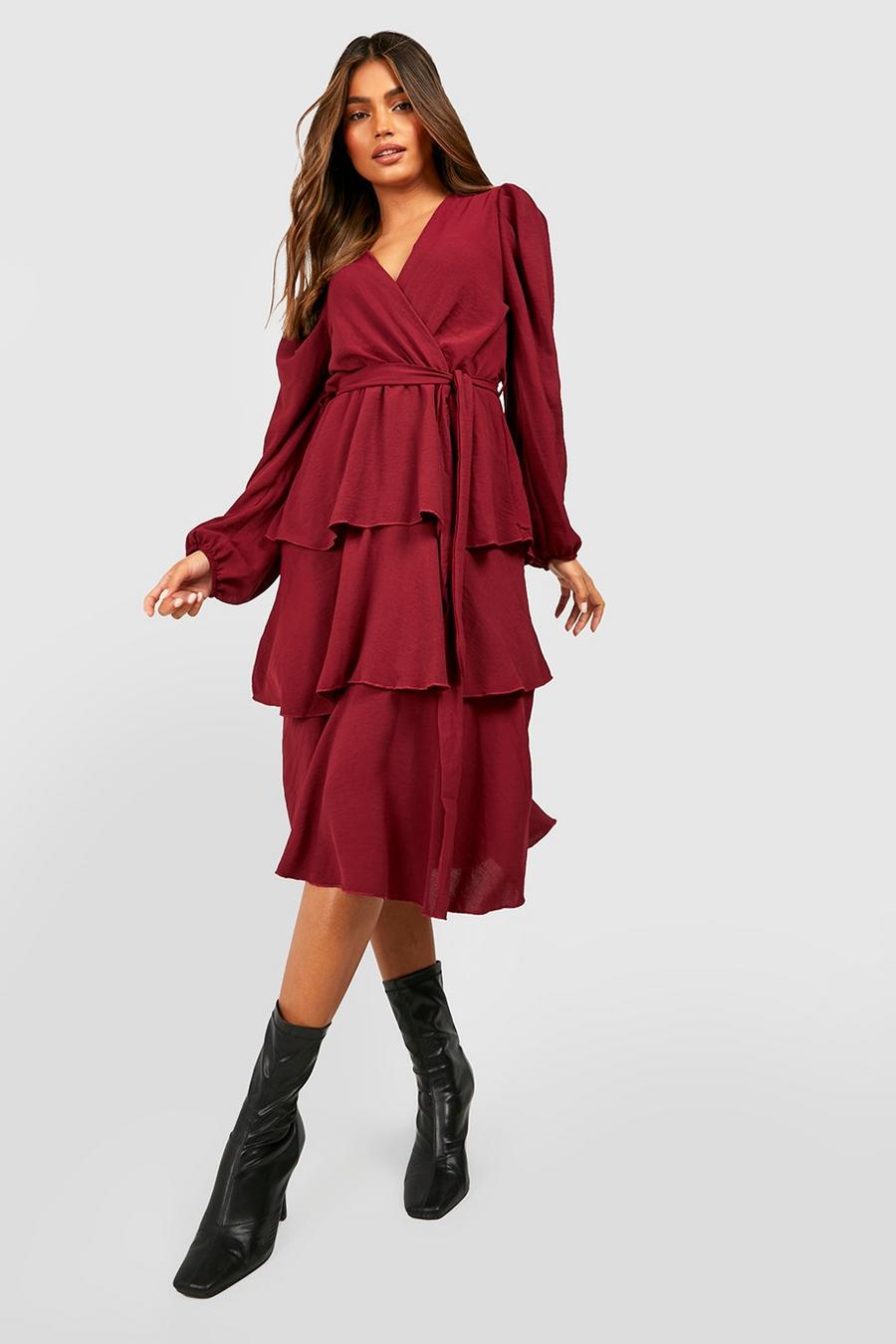 Berry Frill Tiered Long Sleeve Midi Skater Dress image number 1