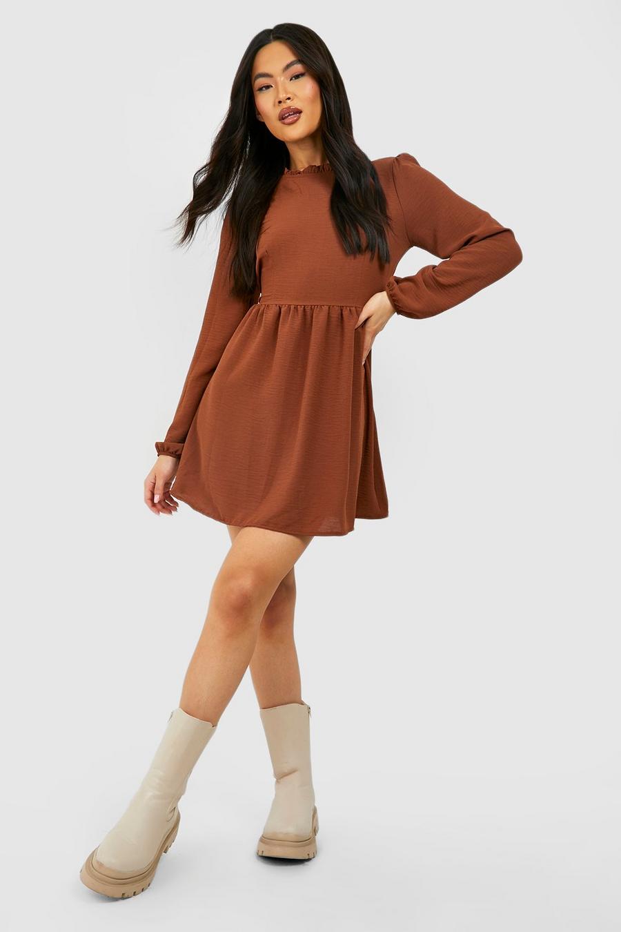Chocolate High Neck Frill Smock Dress image number 1