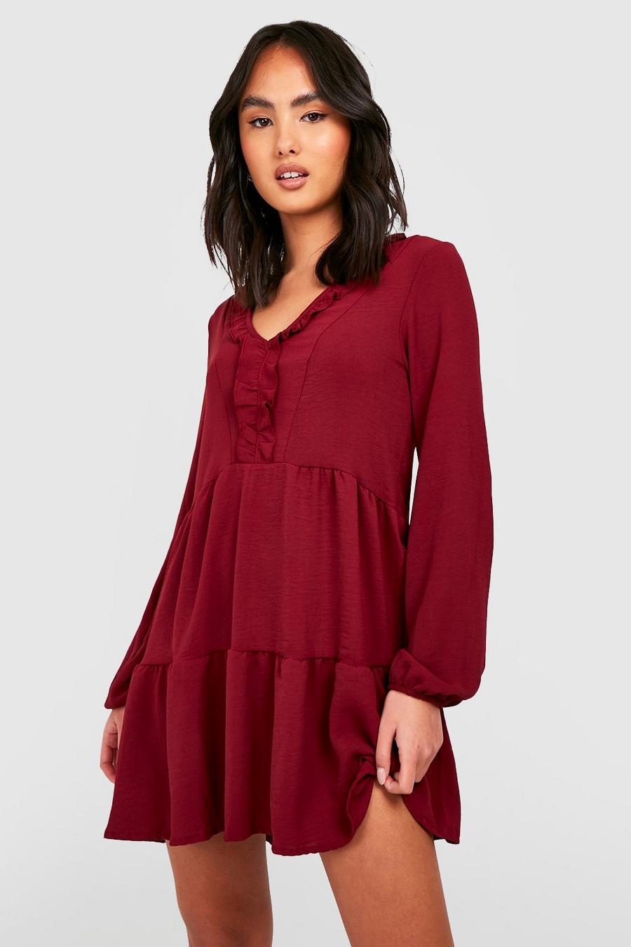 Berry Frill Detail Tiered Smock Dress image number 1