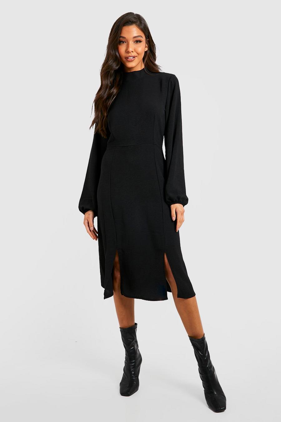 Black High Neck Long Sleeve Midi Dress