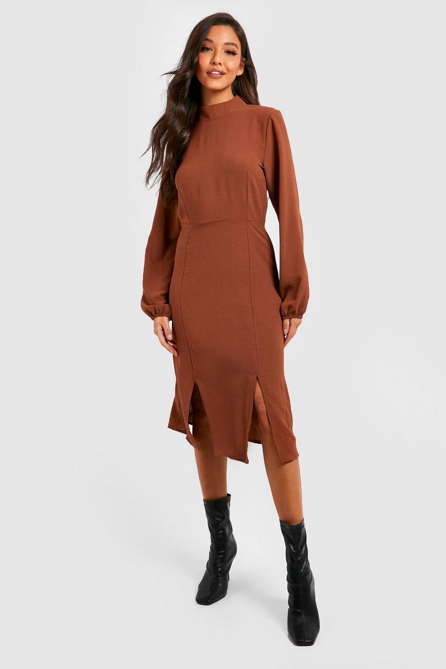 Chocolate brown High Neck Long Sleeve Midi Dress