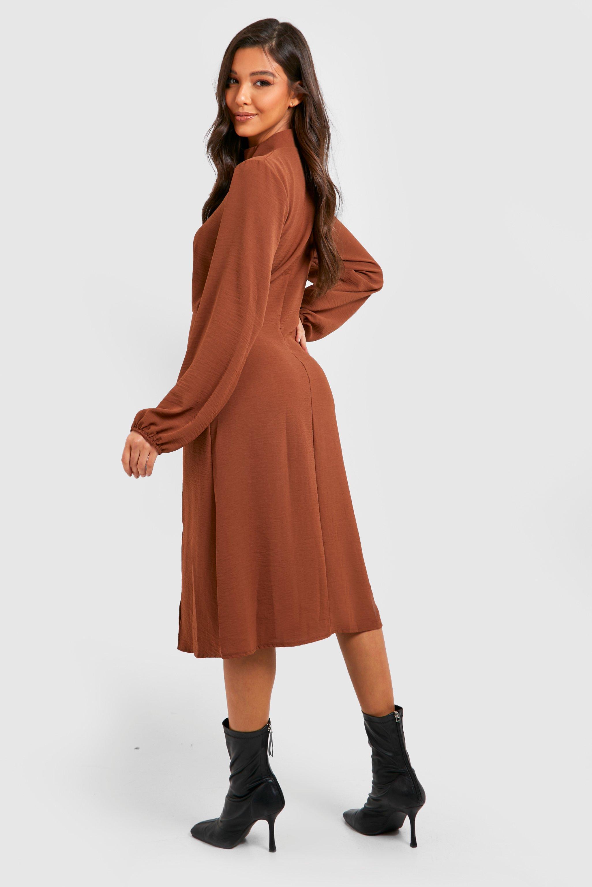 High neck long discount sleeve midi dress