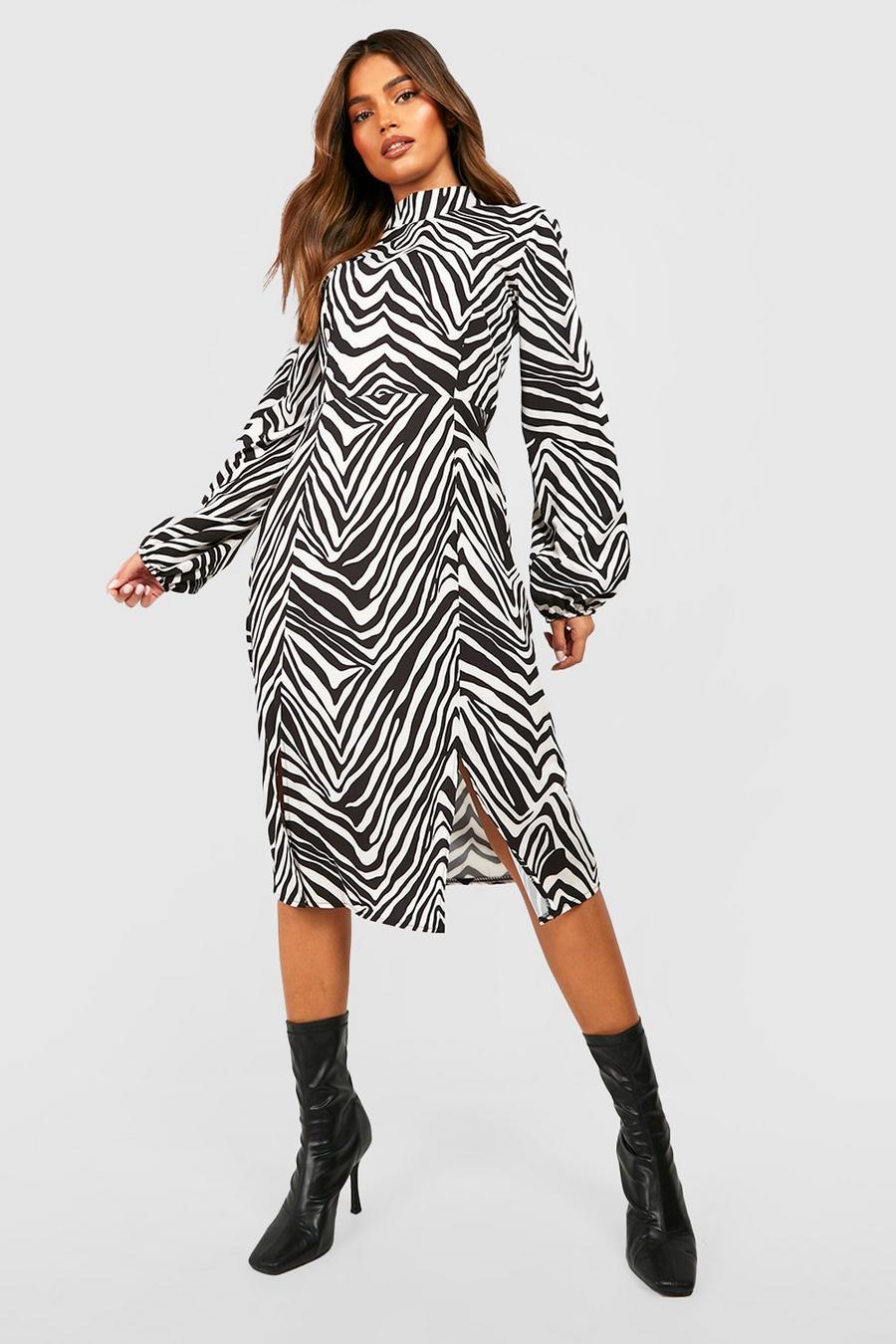 Black Zebra Print High Neck Midi Dress