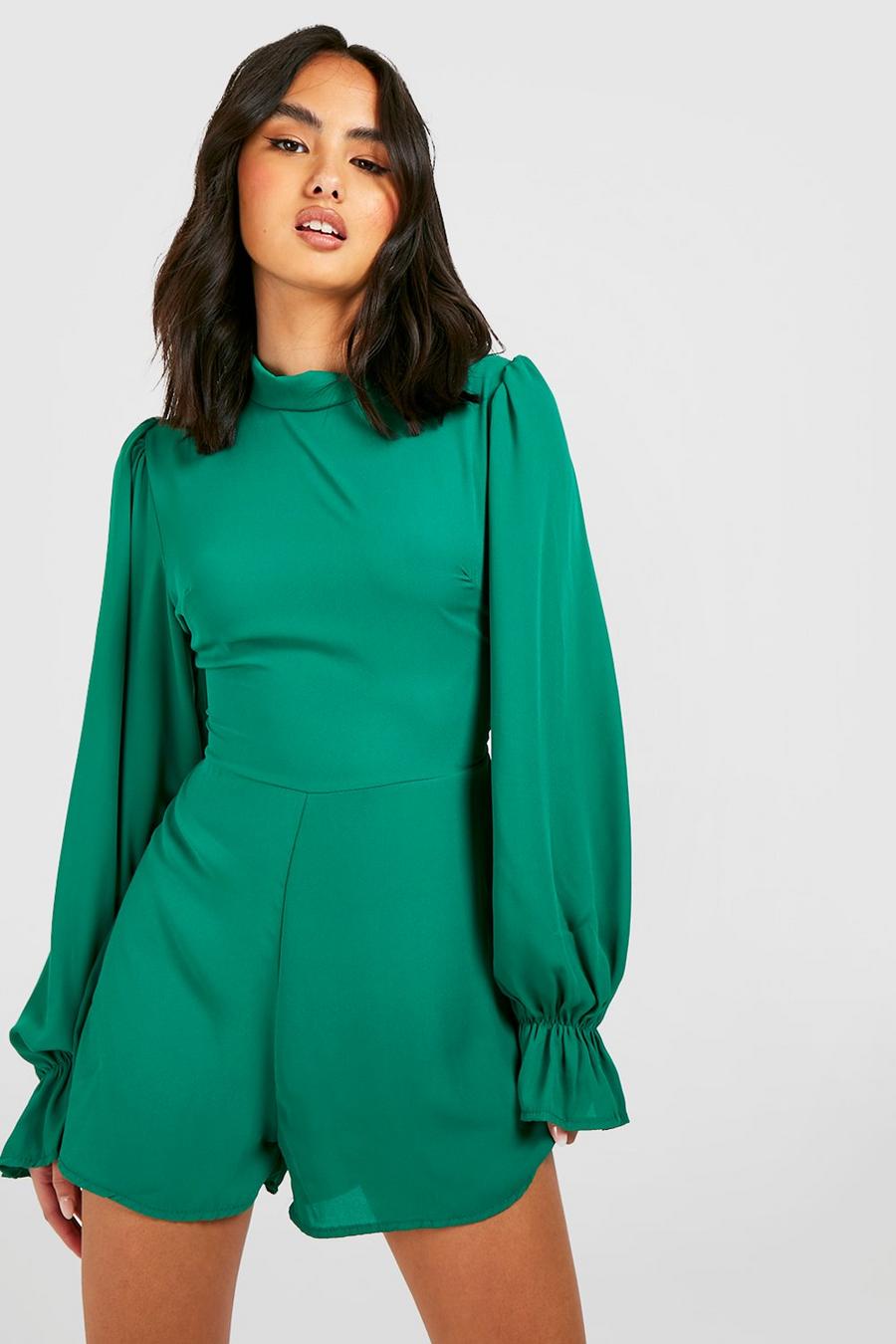 Green Chiffon High Neck Romper image number 1