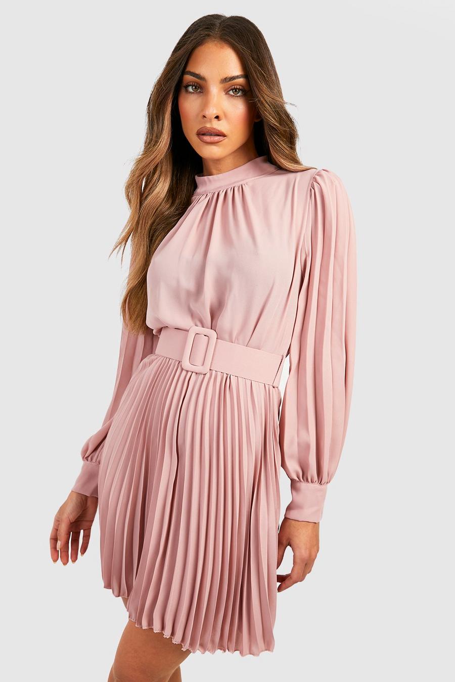 Blush Pleated Chiffon Belted Skater Dress image number 1