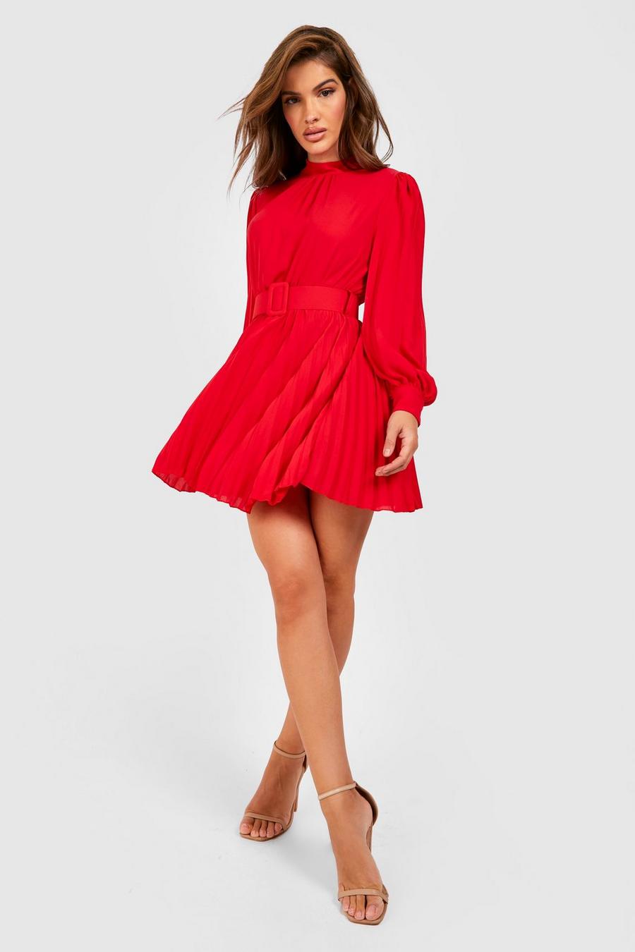 Red Pleated Chiffon Belted Skater Dress image number 1