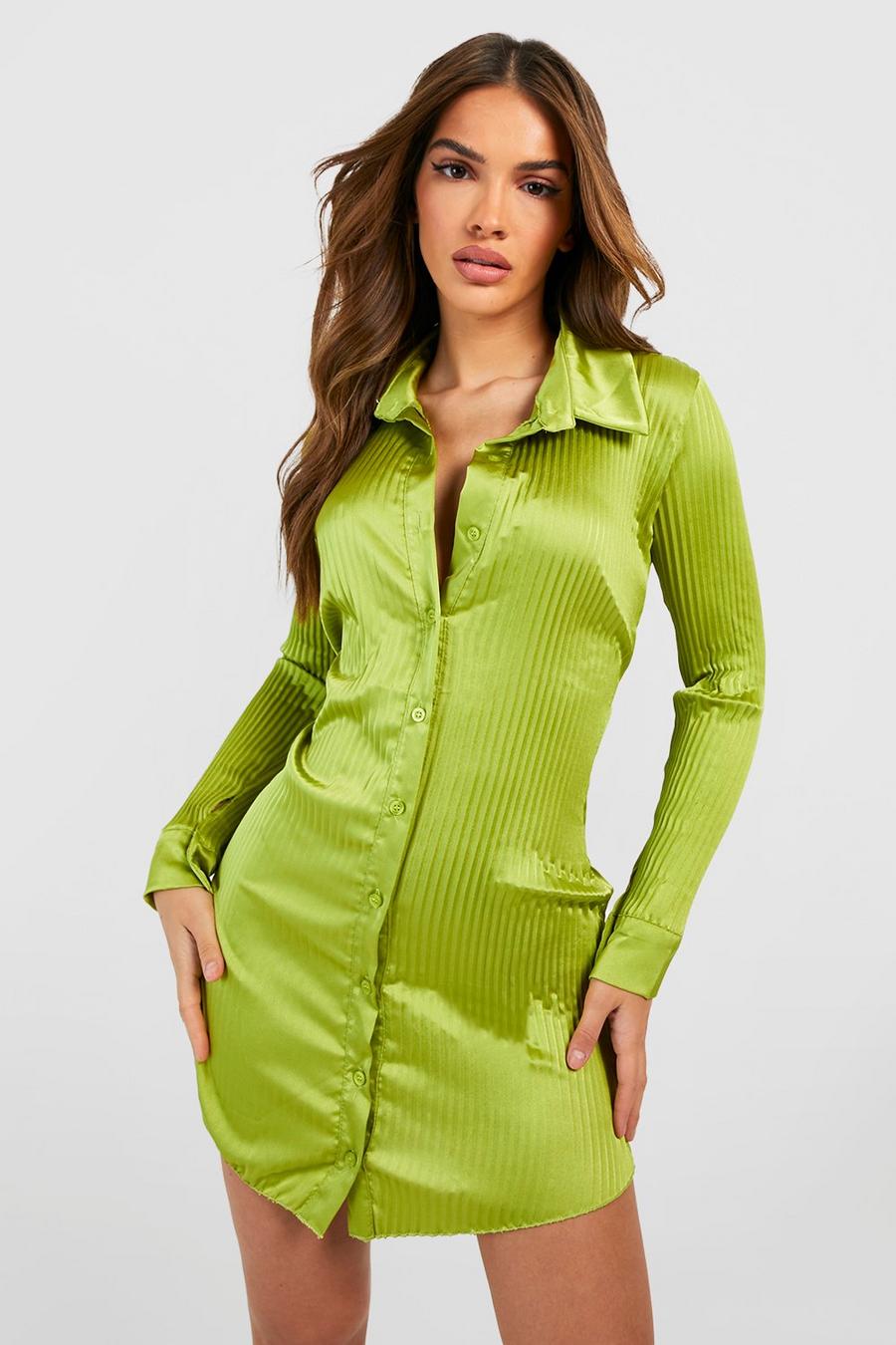 Lime Satin Plisse Mini Shirt Dress image number 1