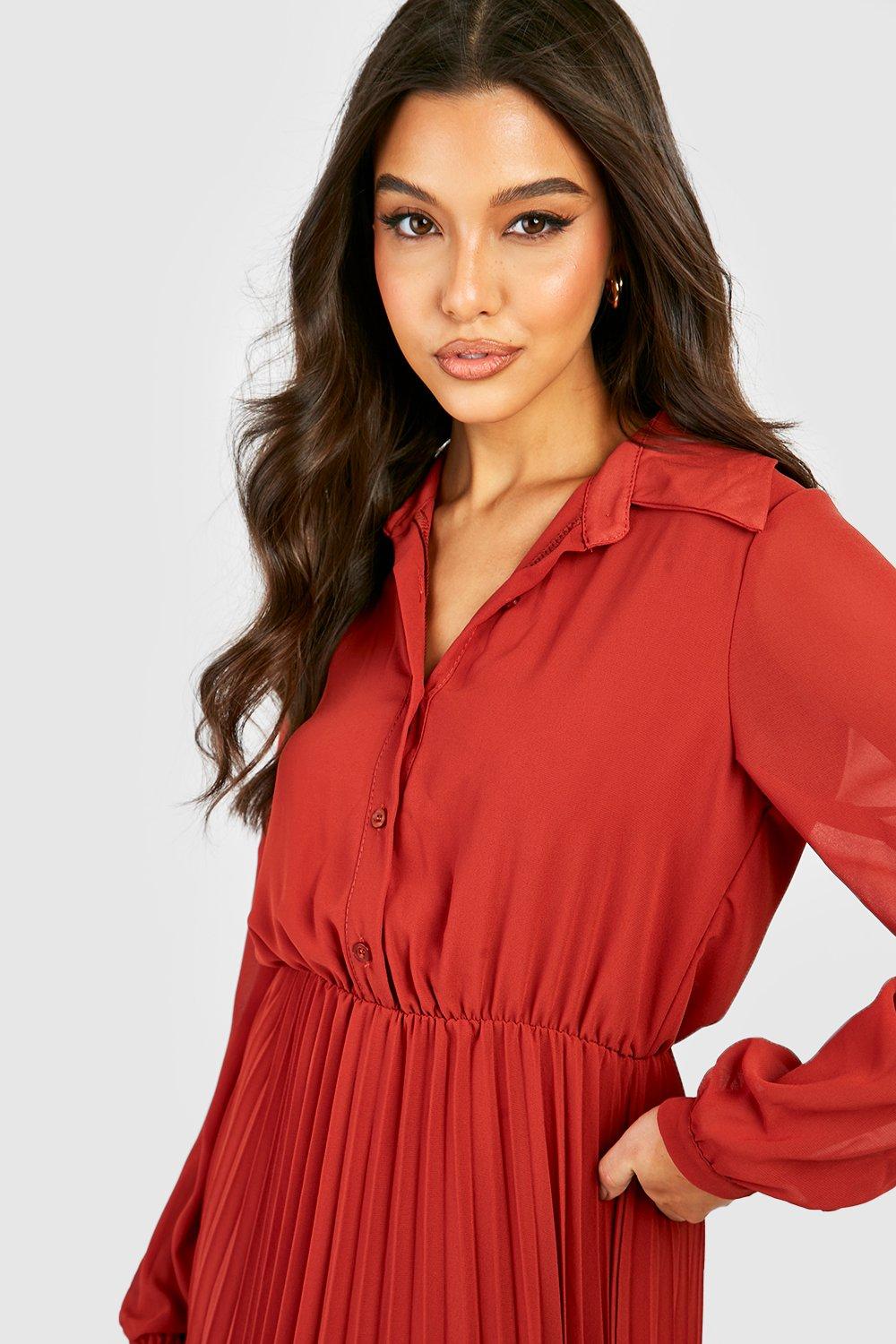 Pleated Chiffon Midi Shirt Dress boohoo IE