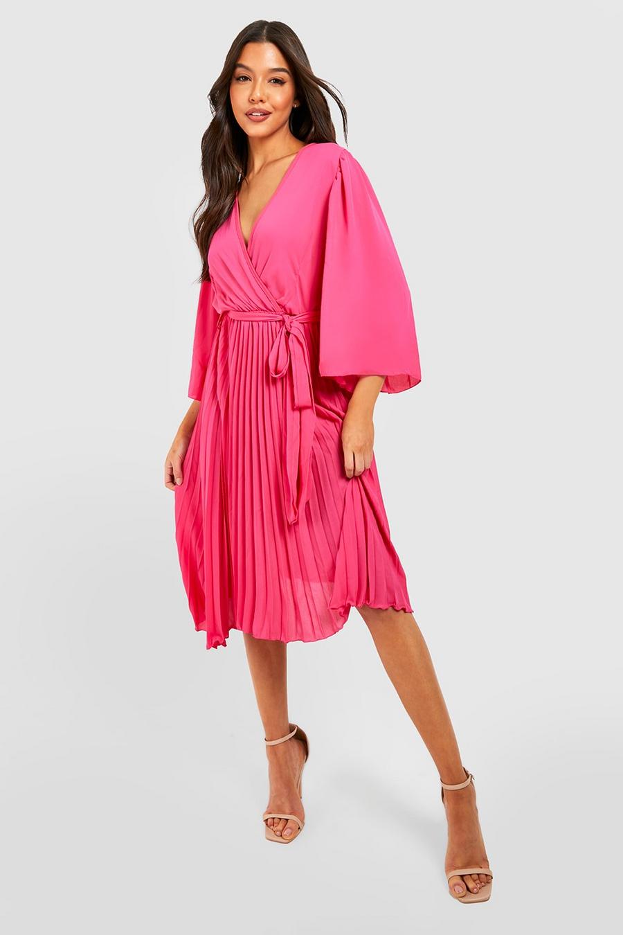Hot pink Pleated Chiffon Flare Sleeve Midi Dress image number 1