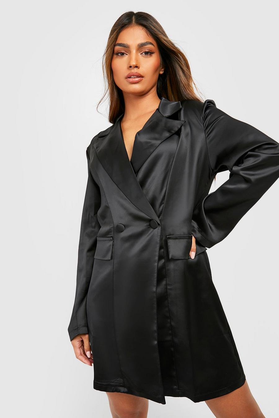 Black Premium Satin Double Breasted Blazer Dress
