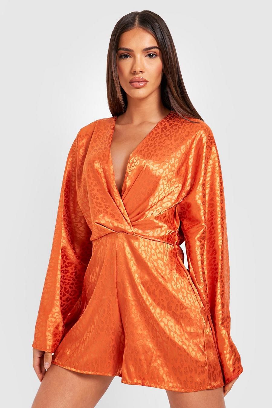Copper orange Jacquard Satin Flare Sleeve Playsuit