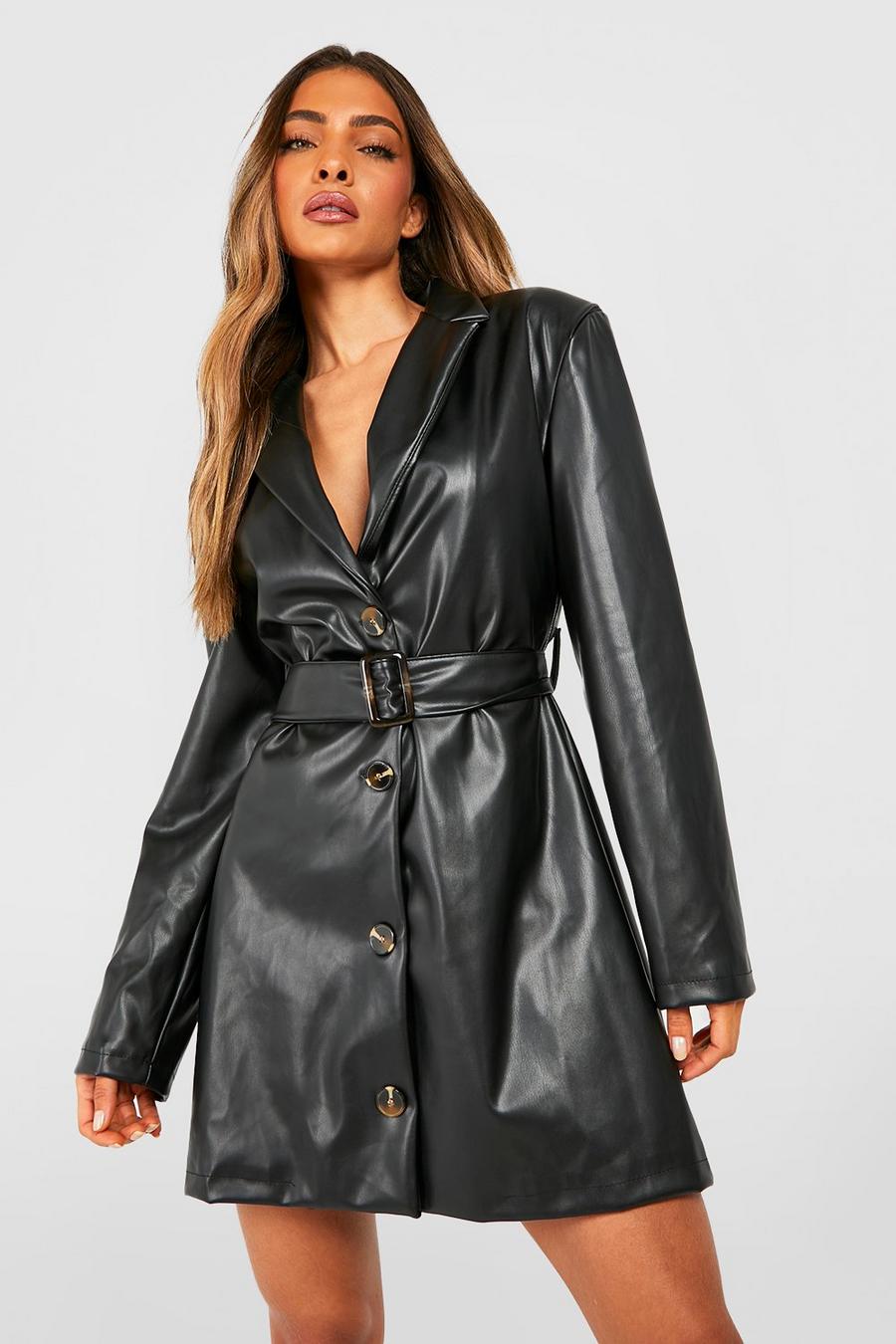 Black Leather Look Belted Tailored Blazer Dress image number 1