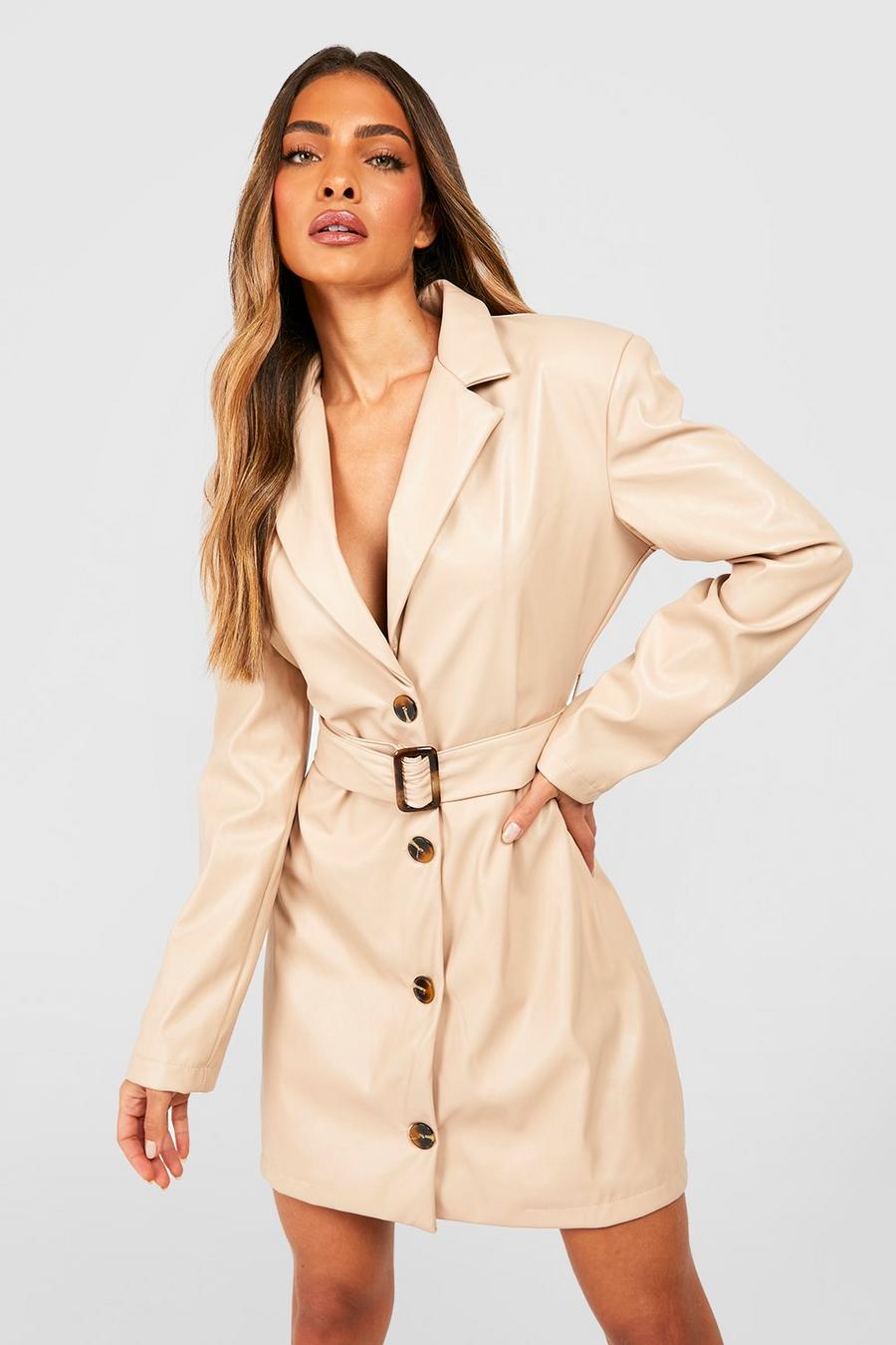 Nude Leather Look Belted Tailored Blazer Dress