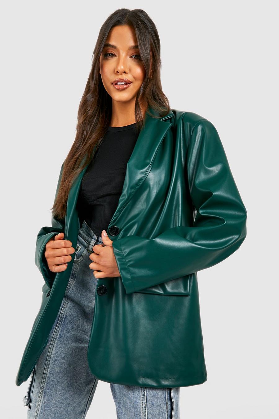 Bottle green Faux Leather Double Breasted Blazer