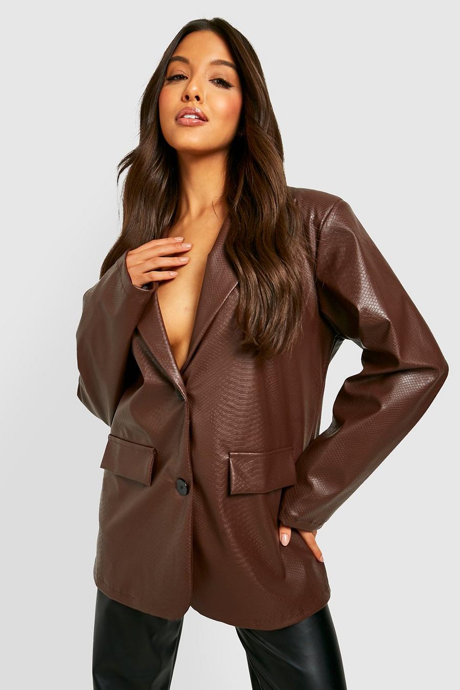 Chocolate brown Faux Leather Snake Oversized Mansy Blazer image number 1