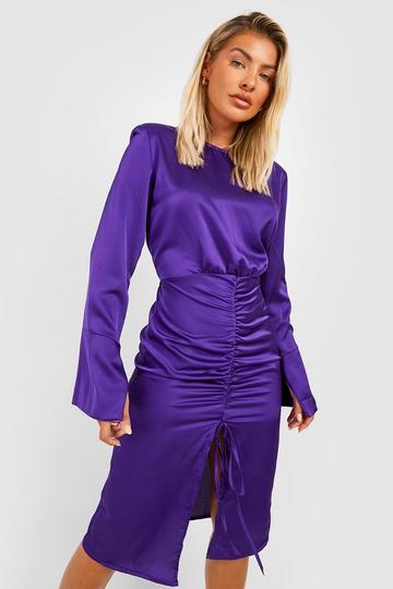 Purple Satin Shoulder Pad Ruched Midi Dress