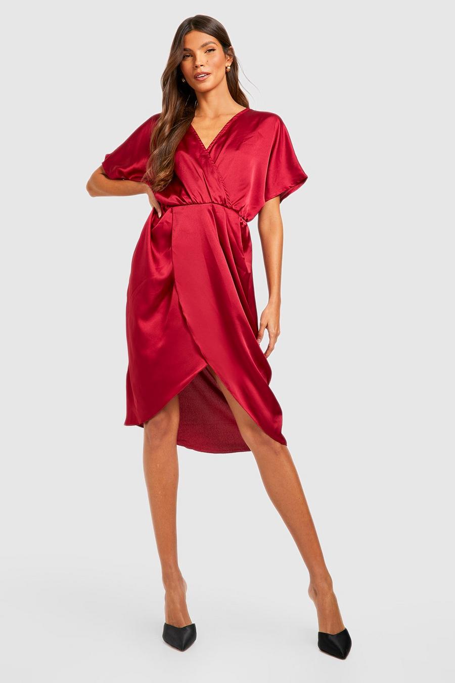 Berry red Satin Wrap Draped Midi Dress