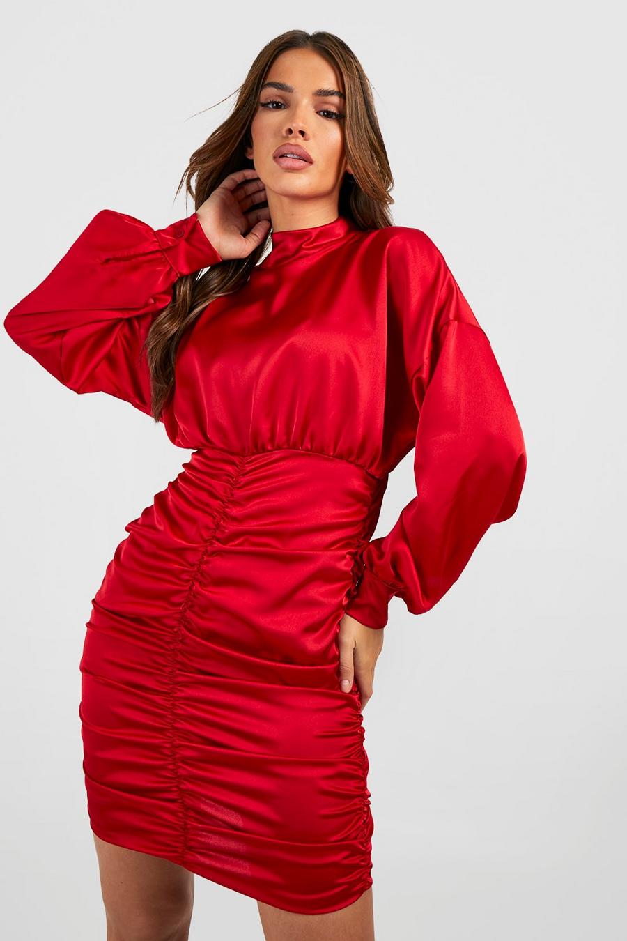 Red Satin High Neck Rouched Mini Dress image number 1