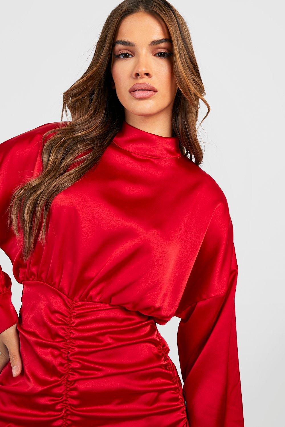 Red satin dress on sale boohoo