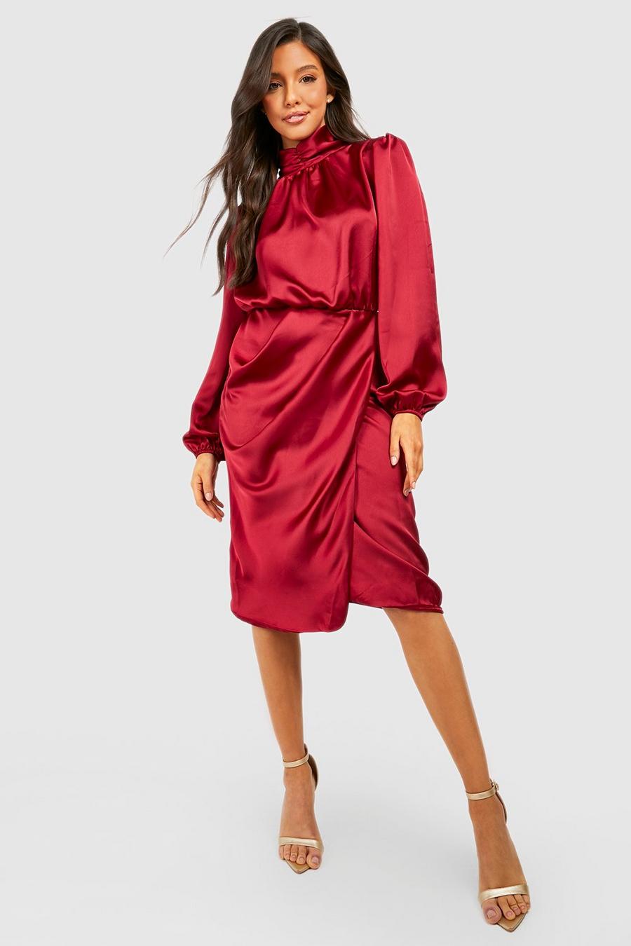 Berry Satin High Neck Draped Wrap Midi Dress image number 1