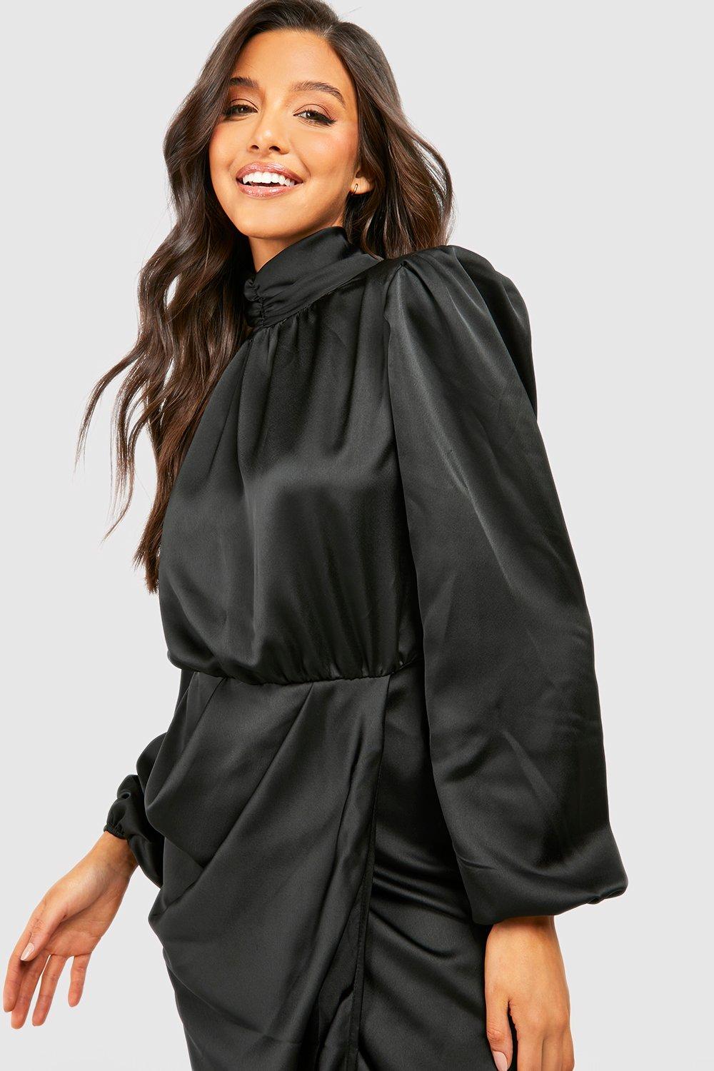 Missguided halter neck wrap top in black satin