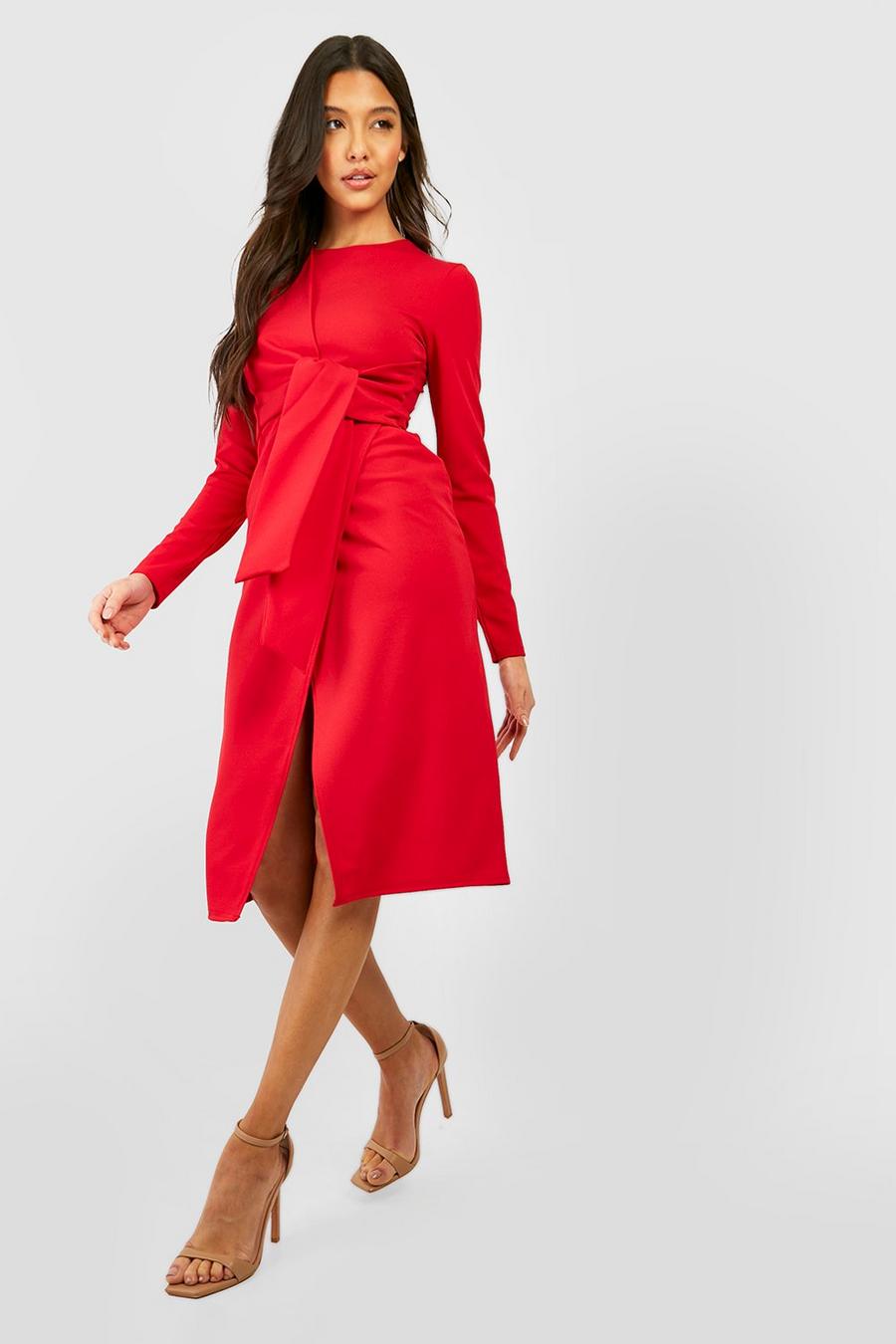 Red Knot Detail Wrap Midi Dress image number 1