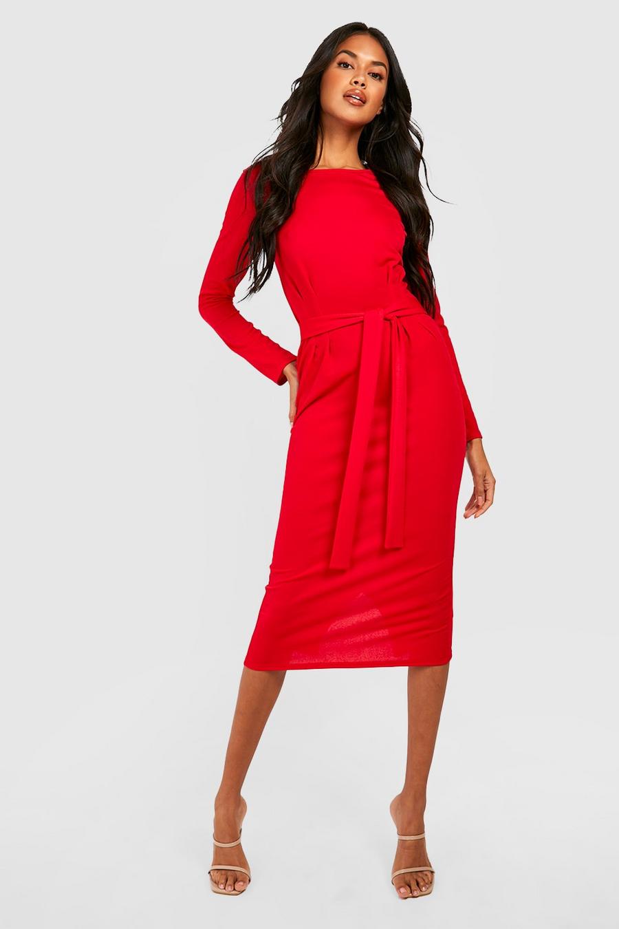 Red Basic Long Sleeve Tie Waist Crepe Midi Dress image number 1