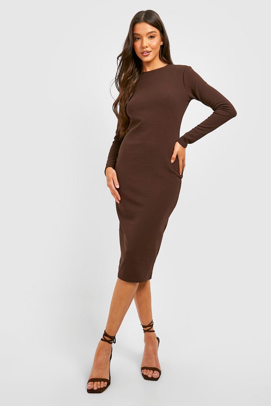 Chocolate brown Basic Long Sleeve Crepe Midi Dress