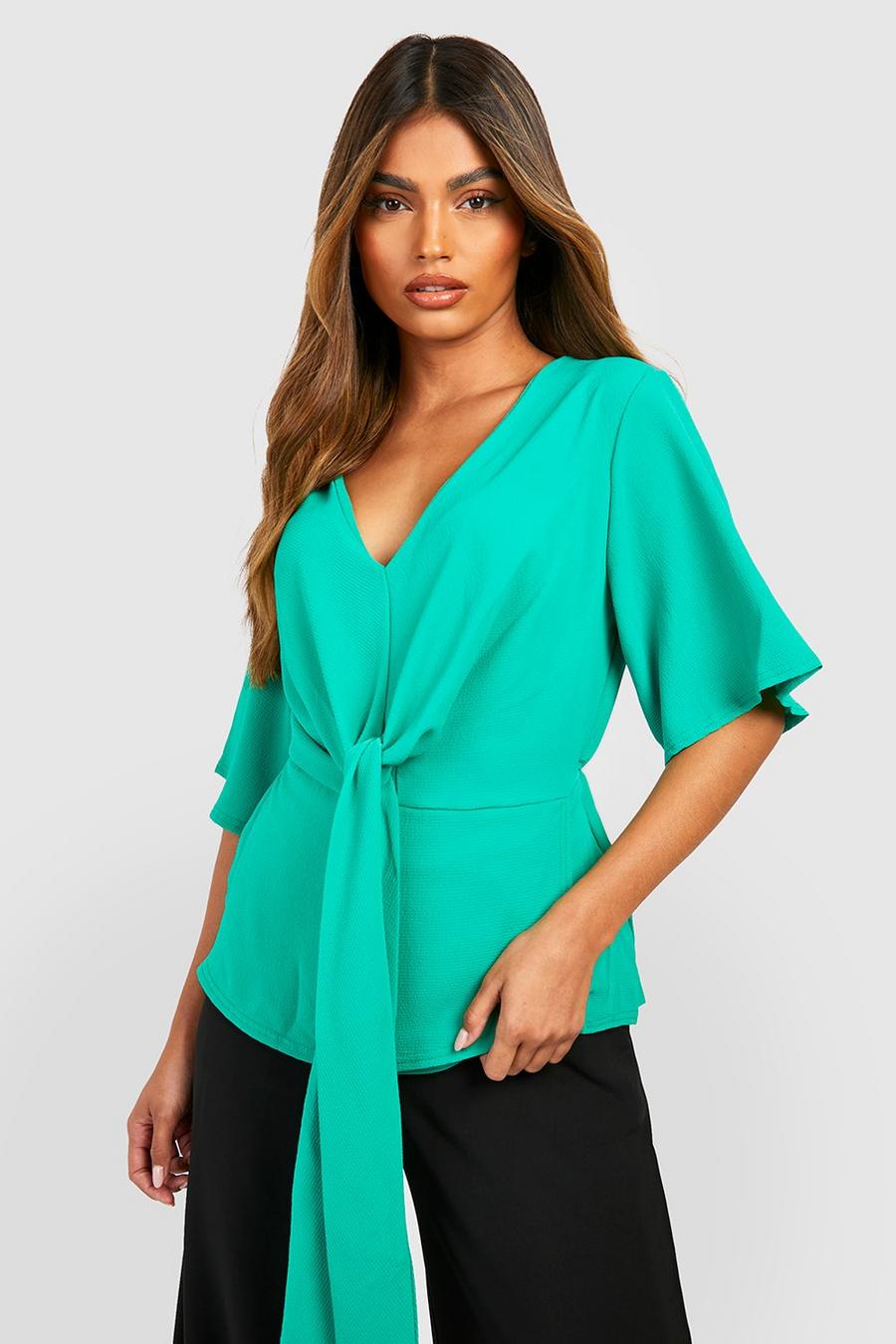 Bright green Knot Front Flared Sleeve Blouse  image number 1