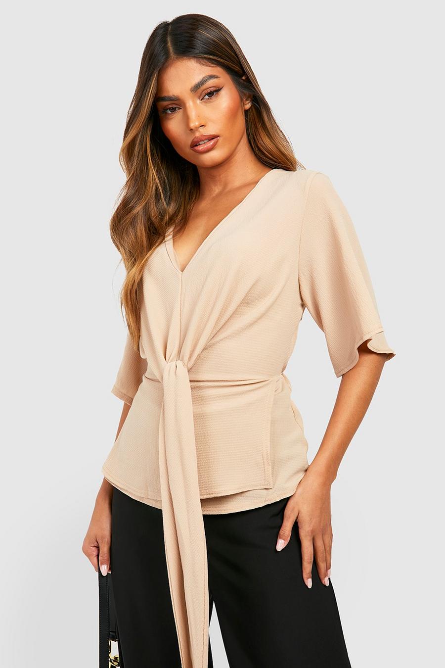 Sand beige Knot Front Flared Sleeve Blouse  image number 1