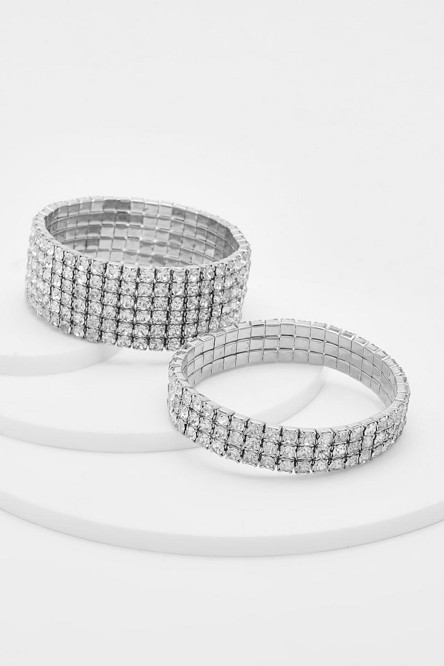 Silver Crystal Row Multi Width 2 Pack Bracelets