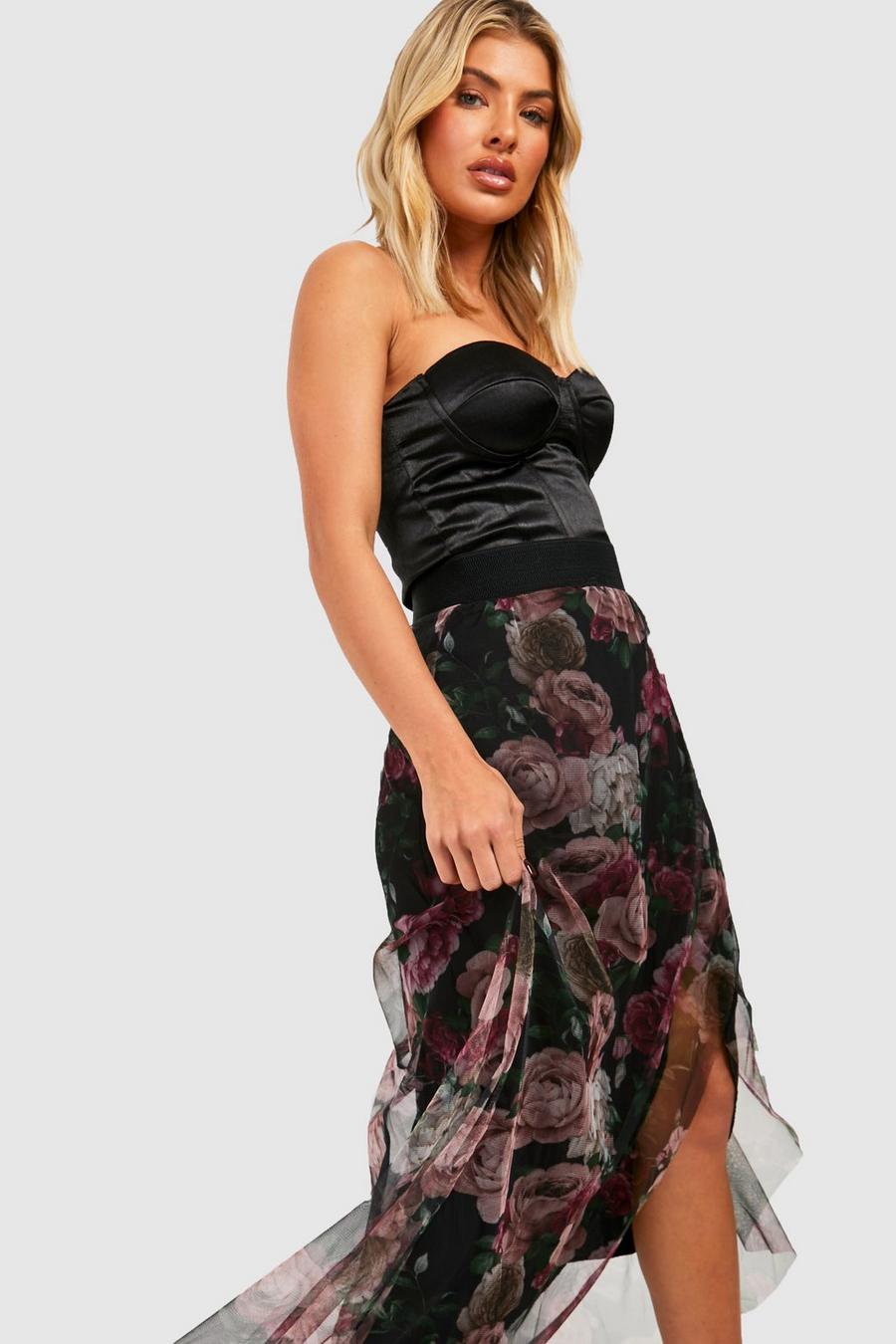 Jupe mi-longue froncée en mesh à imprimé floral, Black image number 1