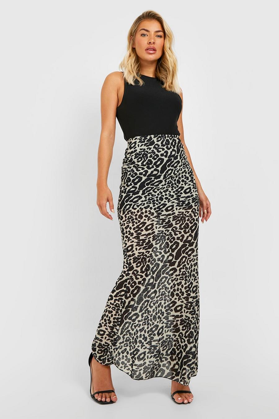Falda maxi de chifón con estampado de leopardo, Tan image number 1